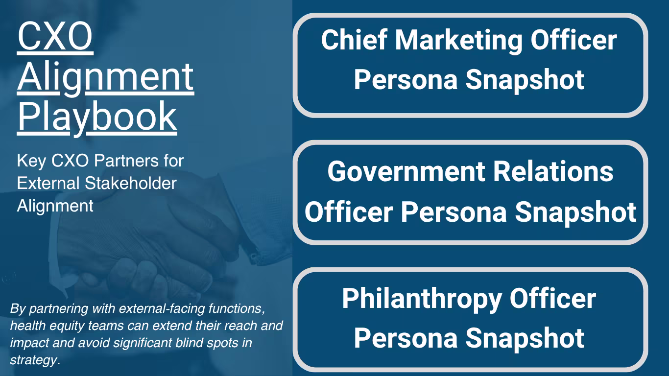 A dark blue slide titled “CXO Alignment Playbook: Key CXO Partners for External Stakeholder Alignment.” The left side includes a message about health equity teams extending their reach by partnering with external-facing functions. The right side displays three buttons: “Chief Marketing Officer Persona Snapshot,” “Government Relations Officer Persona Snapshot,” and “Philanthropy Officer Persona Snapshot.”

