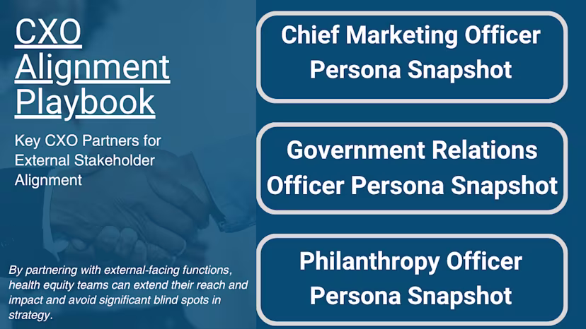 A dark blue slide titled “CXO Alignment Playbook: Key CXO Partners for External Stakeholder Alignment.” The left side includes a message about health equity teams extending their reach by partnering with external-facing functions. The right side displays three buttons: “Chief Marketing Officer Persona Snapshot,” “Government Relations Officer Persona Snapshot,” and “Philanthropy Officer Persona Snapshot.”

