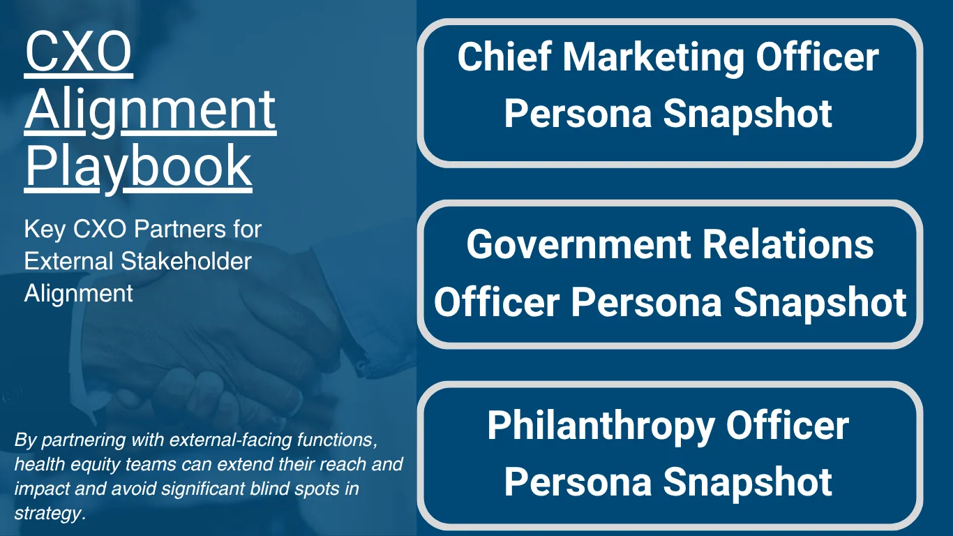 A dark blue slide titled “CXO Alignment Playbook: Key CXO Partners for External Stakeholder Alignment.” The left side includes a message about health equity teams extending their reach by partnering with external-facing functions. The right side displays three buttons: “Chief Marketing Officer Persona Snapshot,” “Government Relations Officer Persona Snapshot,” and “Philanthropy Officer Persona Snapshot.”
