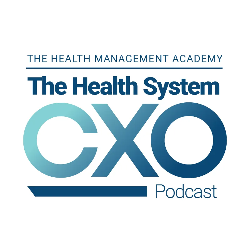 Promotional graphic for The Health System CXO Podcast, episode titled "What Happened to Walgreens?" featuring Robin Brand, Vice President of Industry Insights. The design includes her headshot, The Health Management Academy logo, and a microphone icon with the prompt "Listen to the Latest Podcast Now."