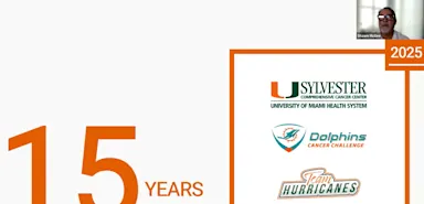 Presentation slide commemorating 15 years of collaboration in 2025 between the Sylvester Comprehensive Cancer Center at the University of Miami Health System, the Dolphins Cancer Challenge, and Team Hurricanes. The left side features large orange text reading “15 Years,” and the right side shows the logos of all three partners within an orange frame. A speaker video thumbnail appears in the top right corner.