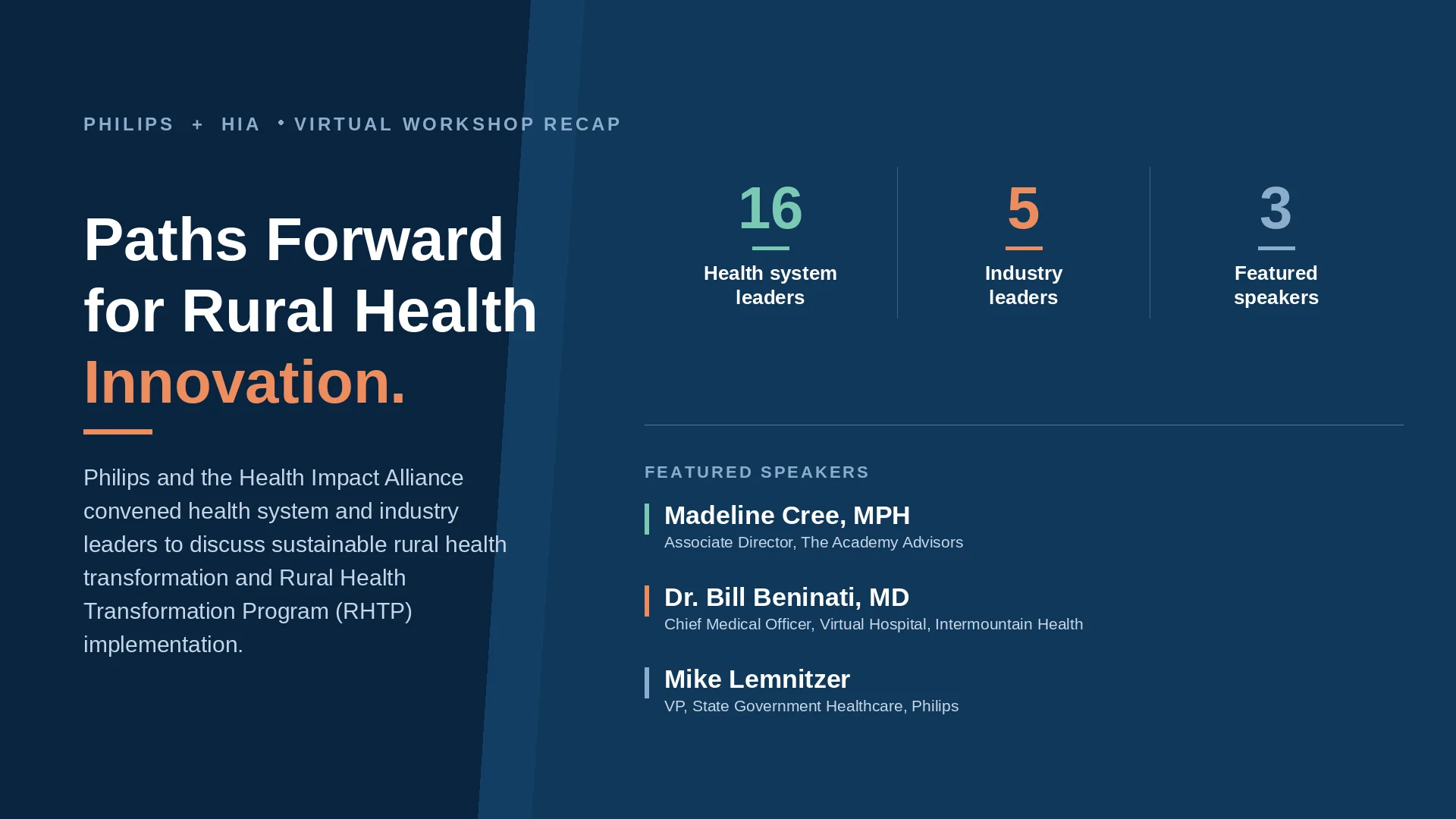 Graphic for the Health Impact Alliance featuring a bold white and orange title over a gradient background of navy blue with a numbers call out.