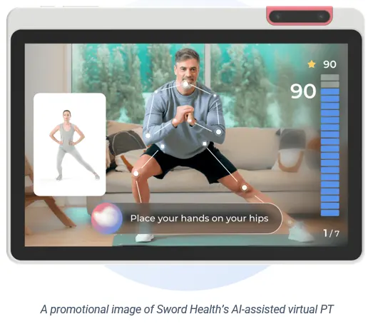 A promotional image showing a tablet with a video image of a man doing physical therapy stretches. An AI assistant is tracking the man's movements and suggesting corrections.