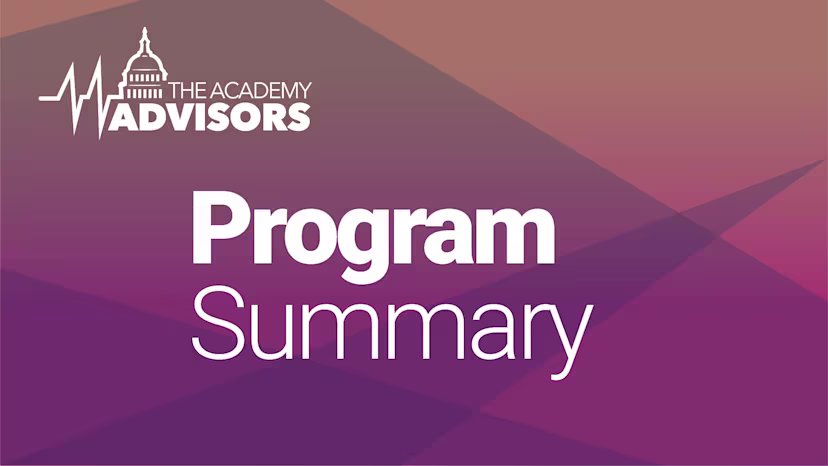 Graphic titled “Program Summary” featuring The Academy Advisors logo with a stylized capitol dome and heartbeat line, set against a gradient background of warm purple and brown geometric shapes.