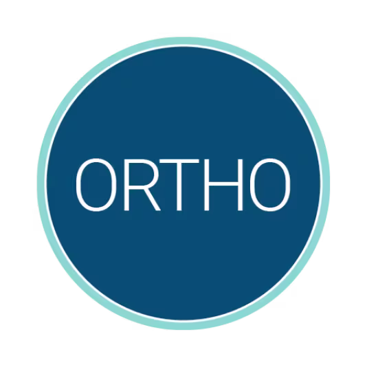Circular blue logo with a light teal border containing the white acronym “ORTHO” centered inside.