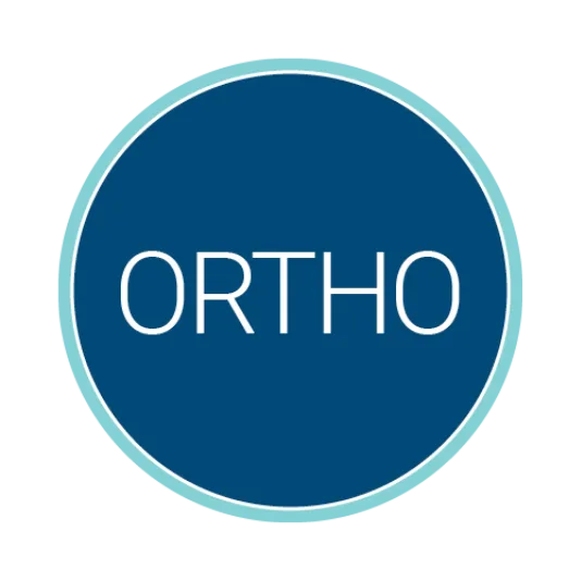 Circular blue logo with a light teal border containing the white acronym “ORTHO” centered inside.