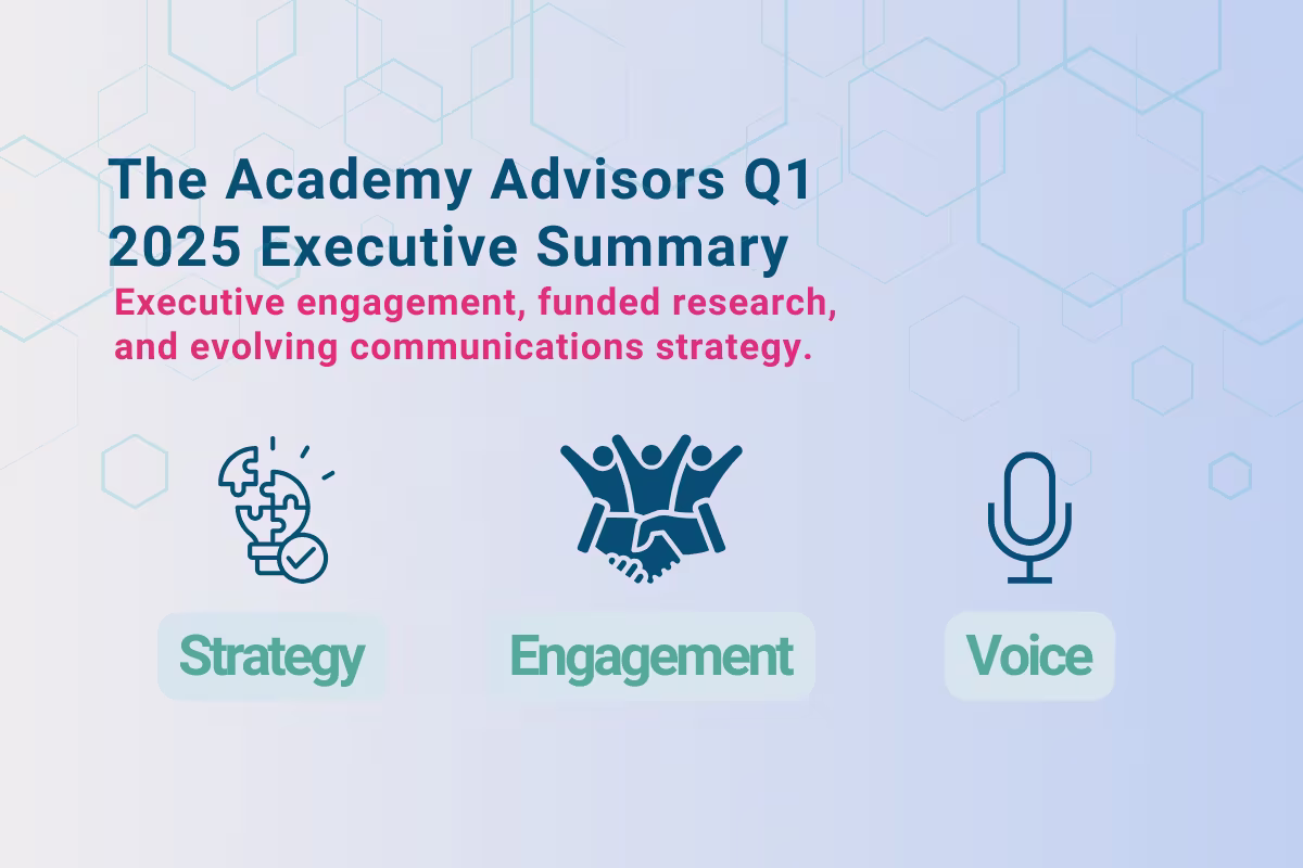 Graphic titled The Academy Advisors Q1 2025 Executive Summary with subtitle on executive engagement, funded research, and communications strategy, featuring icons for strategy, engagement, and voice.