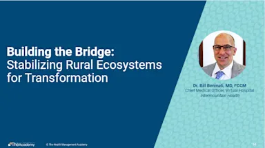 HIA Workshop slide featuring Bill Beninati covering "Building the Bridge: Stabilizing Rural Ecosystems for Transformation," focused on Intermountain's non-extractive "hub-and-spoke" model.