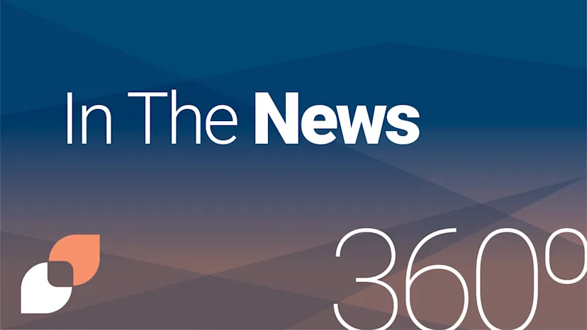 Graphic with a gradient blue and taupe background displaying the text “In the News 360°” with The Health Management Academy logo in the bottom left corner.