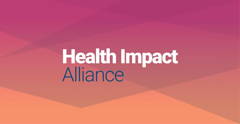 Graphic for the Health Impact Alliance featuring a bold white and navy-blue title over a gradient background of pink, purple, and orange geometric shapes.