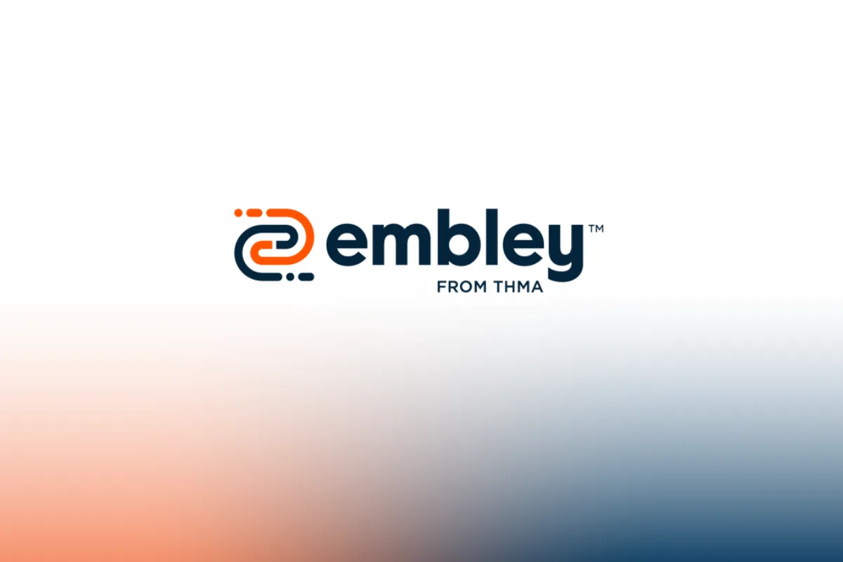 Embley from THMA logo with orange and navy blue text on gradient background
