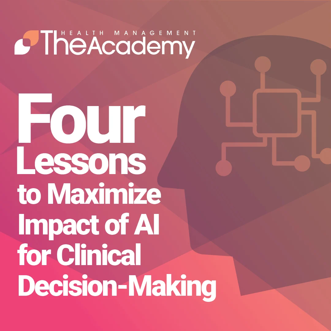 Promotional graphic for a webinar replay titled "How AI Is Supporting Clinical Decision Making to Boost Outcomes" featuring Alex Polyak, Director of Member Insights at The Health Management Academy.