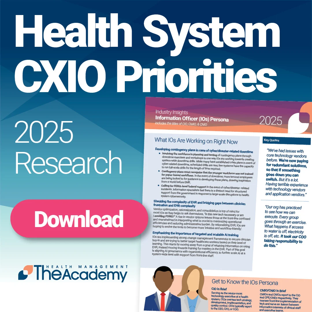 Promotional graphic for "Health System CXIO Priorities: 2025 Research" by The Academy. The design features a prominent "Download" button, an image of the report preview, and icons representing healthcare executives.

