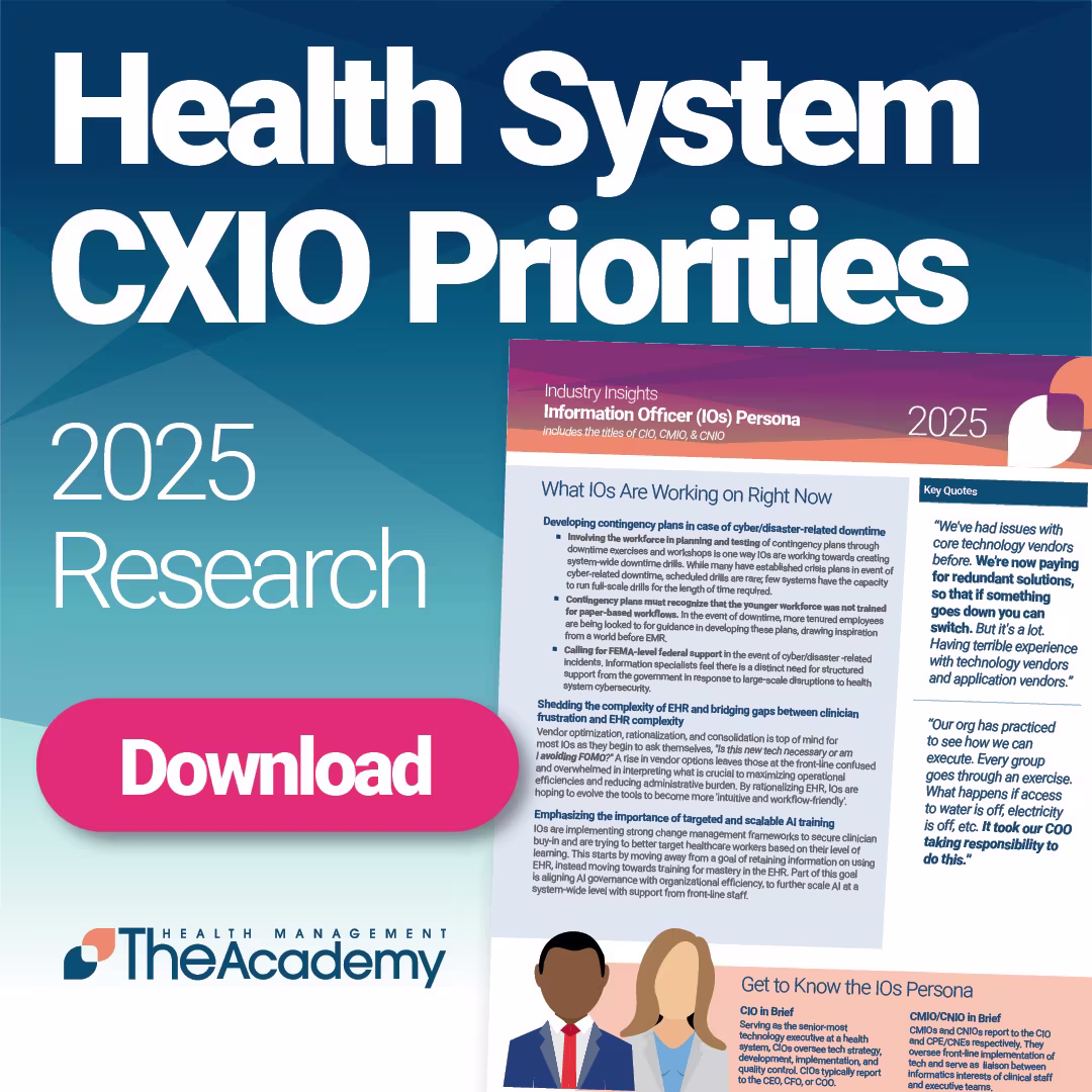 Promotional graphic for "Health System CXIO Priorities: 2025 Research" by The Academy. The design features a prominent "Download" button, an image of the report preview, and icons representing healthcare executives.