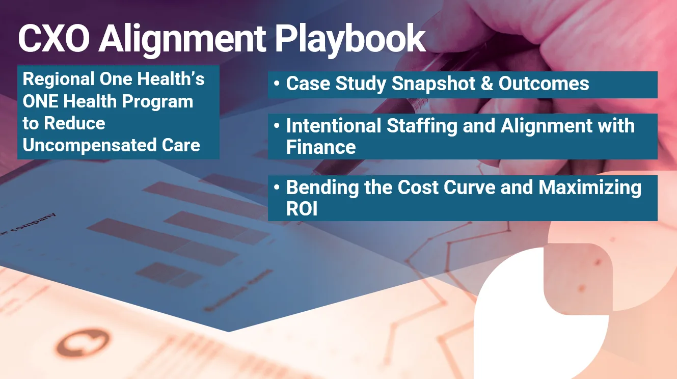 CXO Alignment Playbook cover slide on Regional One Health's ONE Health Program outlining three main sections: case study outcomes, intentional staffing and finance alignment, and bending the cost curve to maximize ROI.