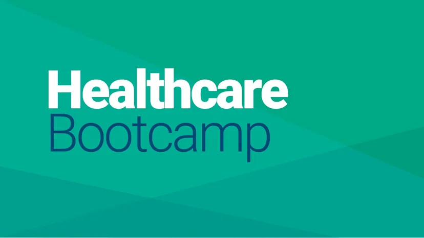 Healthcare Bootcamp logo in bold white and navy text over a geometric green background.

