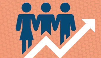 Graphic of three stylized human figures holding hands above a rising white arrow, symbolizing workforce development or team performance improvement. Set against an orange patterned background.