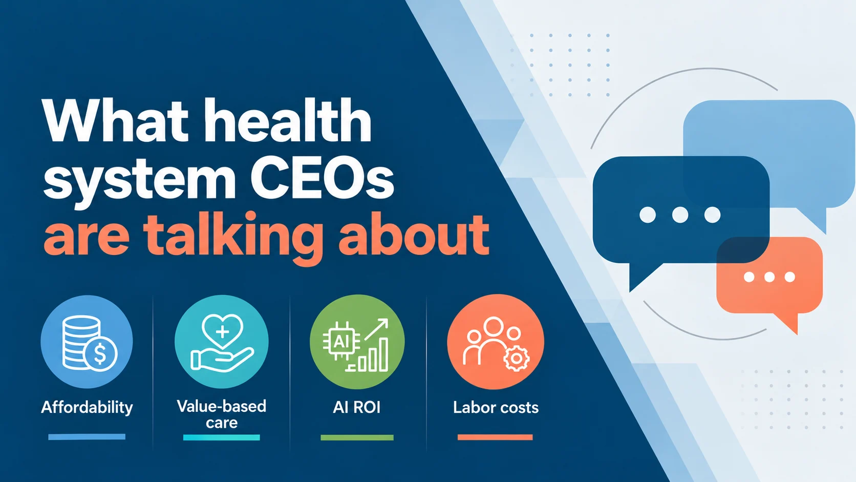 A hero image showcasing four themes: affordability, value based care, AI return on investment, and labor costs