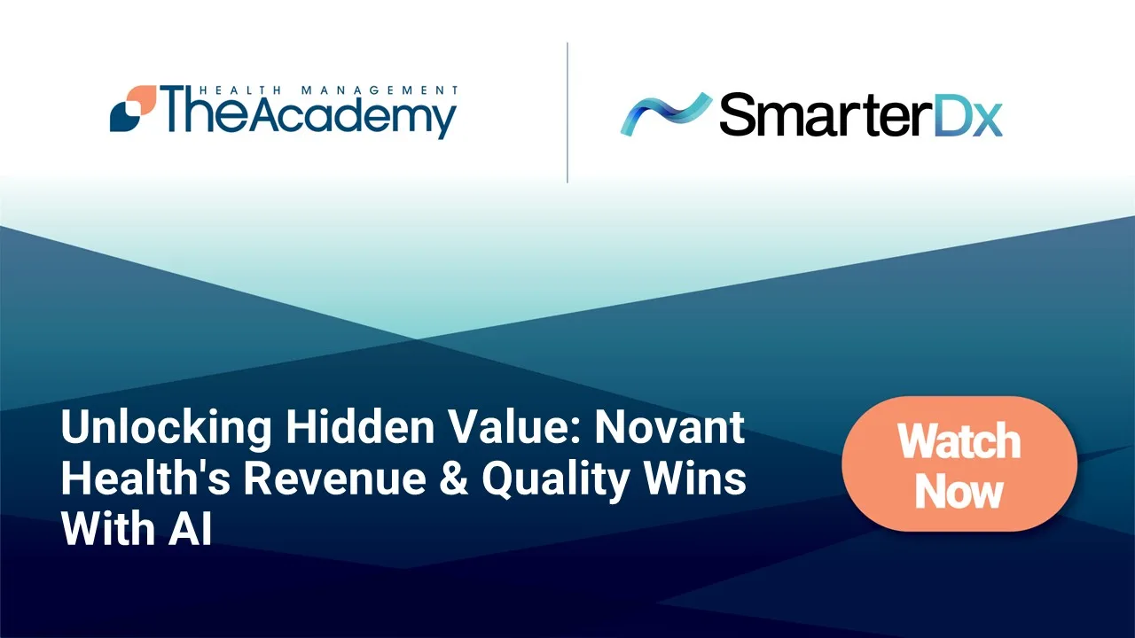 Webinar promotion featuring The Academy and SmarterDx logos with the title Unlocking Hidden Value: Novant Health's Revenue & Quality Wins with AI and an orange “Watch Now” button.

