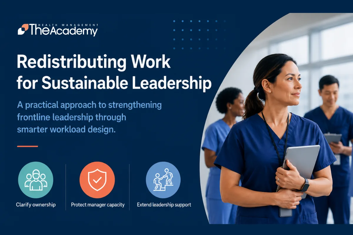 Nurse manager holding tablet with infographic showing workload redistribution strategy elements.