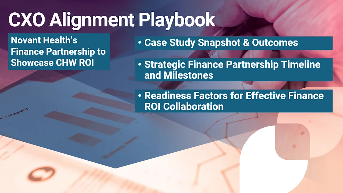 CXO Alignment Playbook cover slide on Novant Health's finance partnership for CHW ROI outlining three main sections: case study outcomes, partnership timeline and milestones, and readiness factors for finance collaboration.