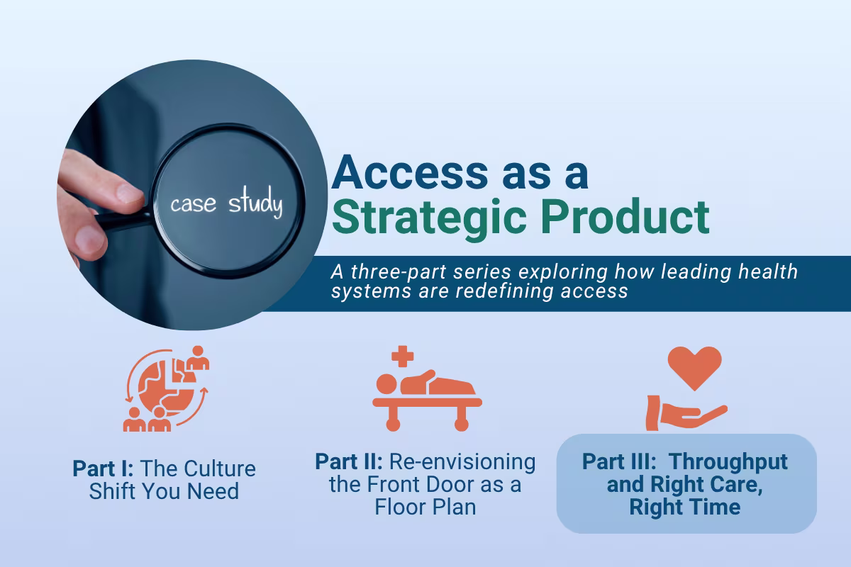 Graphic titled “Access as a Strategic Product,” promoting a three-part case study series on how leading health systems are redefining access. Includes a magnifying glass highlighting the words “case study” and three labeled parts: Part I – The Culture Shift You Need, Part II – Re-envisioning the Front Door as a Floor Plan, and Part III – Throughput and Right Care, Right Time.