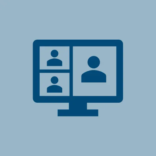  Icon of a computer screen displaying a virtual meeting with three participant silhouettes, symbolizing video conferencing on a blue background.