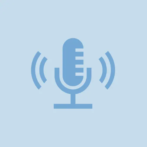 Blue microphone icon with sound waves on either side, centered on a light blue background, symbolizing podcasting or audio broadcasting.