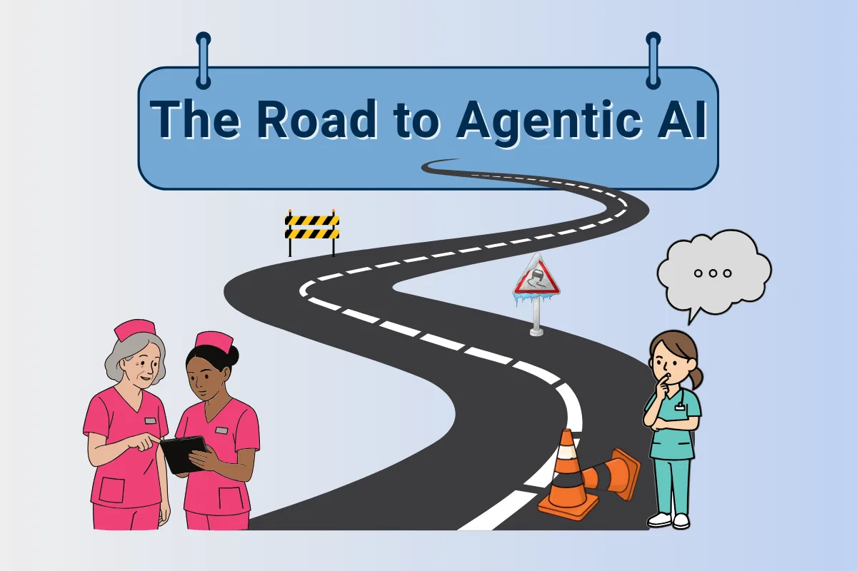 Illustrated graphic showing a winding road labeled “The Road to Agentic AI,” with healthcare professionals reviewing a tablet on one side, road signs and construction barriers along the path, and a clinician standing thoughtfully at the end of the road, symbolizing the journey toward agentic AI in healthcare.