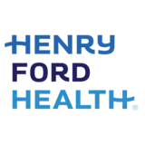 Henry Ford Health health system logo with bold, stacked blue text in a modern, geometric font.