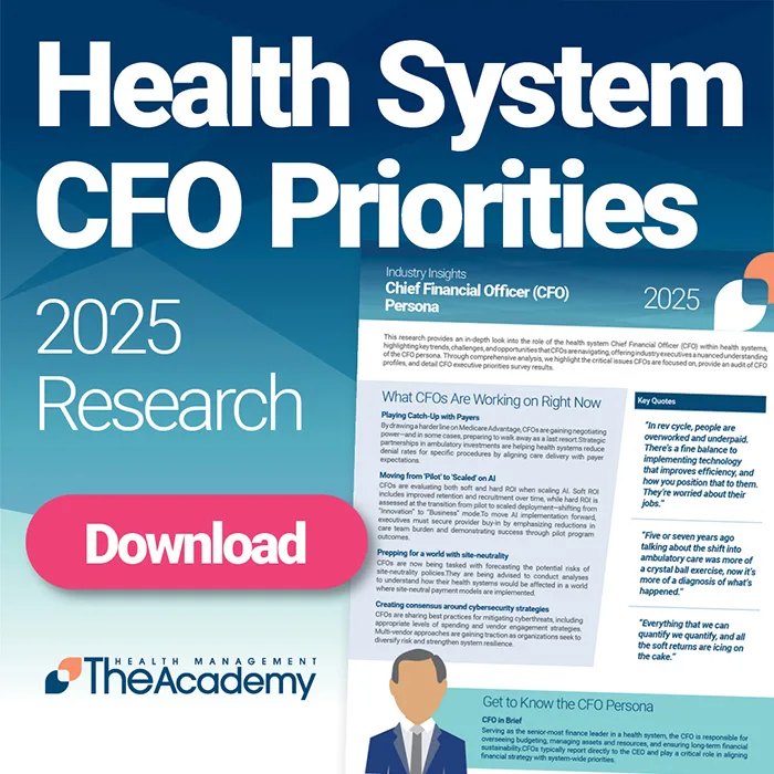 Promotional graphic for “Health System CFO Priorities – 2025 Research” from The Health Management Academy, featuring a document preview and a bright pink download button.

