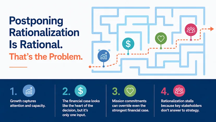 Hero image for health system rationalization insights, focused on service line strategy and investment planning.