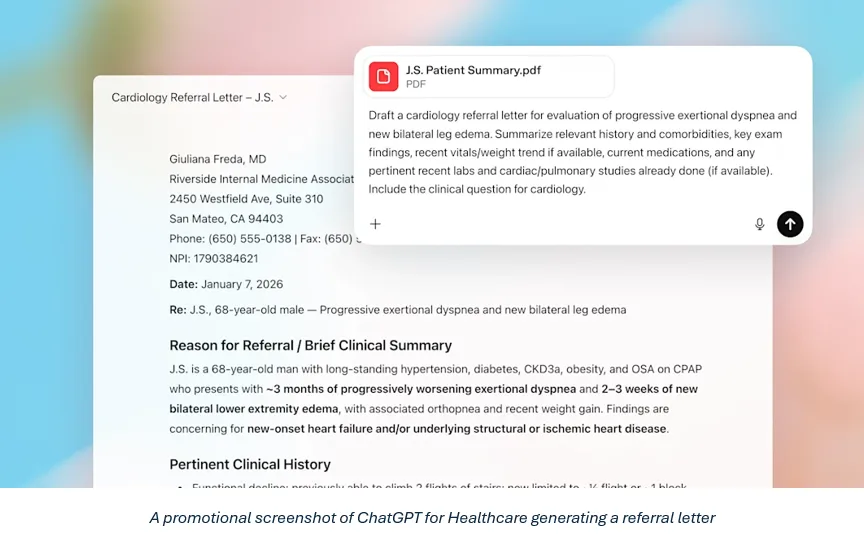 A promotional screenshot of ChatGPT for health generating a referral letter
