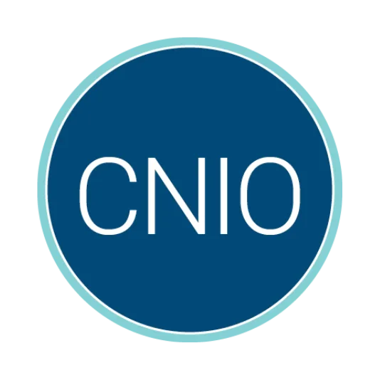 Circular blue logo with a light teal border containing the white acronym “CNIO” centered inside.