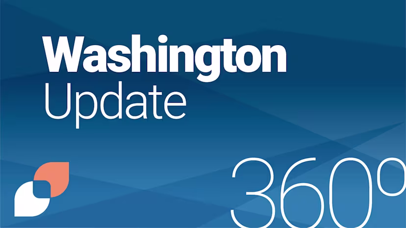 Graphic with a blue background featuring the text “Washington Update 360°” alongside The Health Management Academy logo in the bottom left corner.