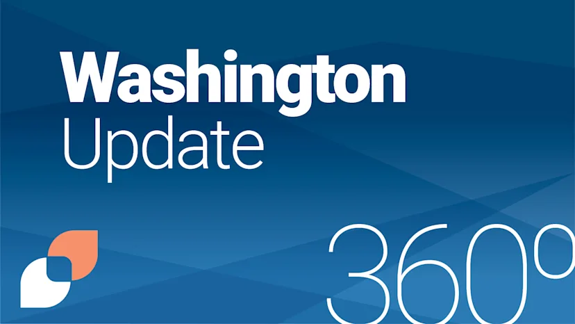 Graphic with a blue background featuring the text “Washington Update 360°” alongside The Health Management Academy logo in the bottom left corner.