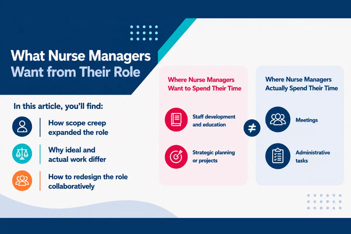 Infographic comparing where nurse managers want to spend time versus where they actually spend it.