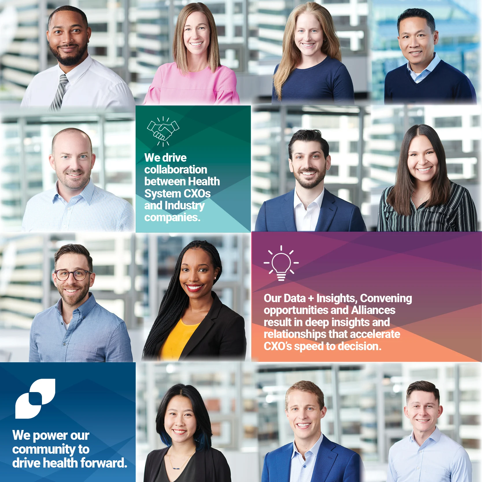 A collage of professional headshots of team members from The Health Management Academy, interspersed with branded graphics. The messages highlight collaboration between health system CXOs and industry, data-driven decision-making, and a commitment to driving health forward.