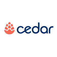 Cedar logo featuring a stylized red pinecone graphic to the left of the company name in lowercase navy blue font.
