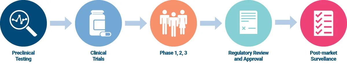 A process flow diagram illustrating the five key stages of the drug development and monitoring lifecycle: Preclinical Testing, Clinical Trials, Phase 1, 2, 3, Regulatory Review and Approval, and Post-market Surveillance.