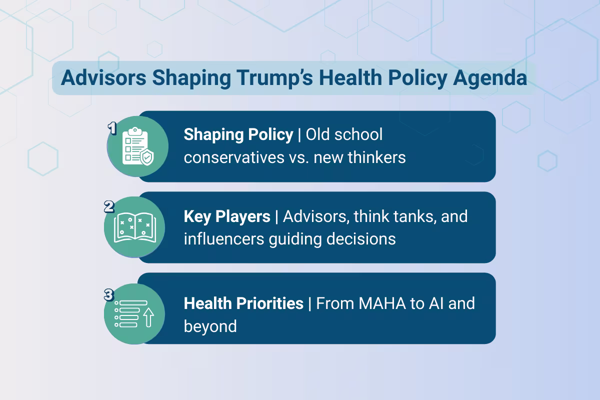Graphic highlighting Trump’s health policy agenda with three themes: shaping policy, key players, and health priorities.