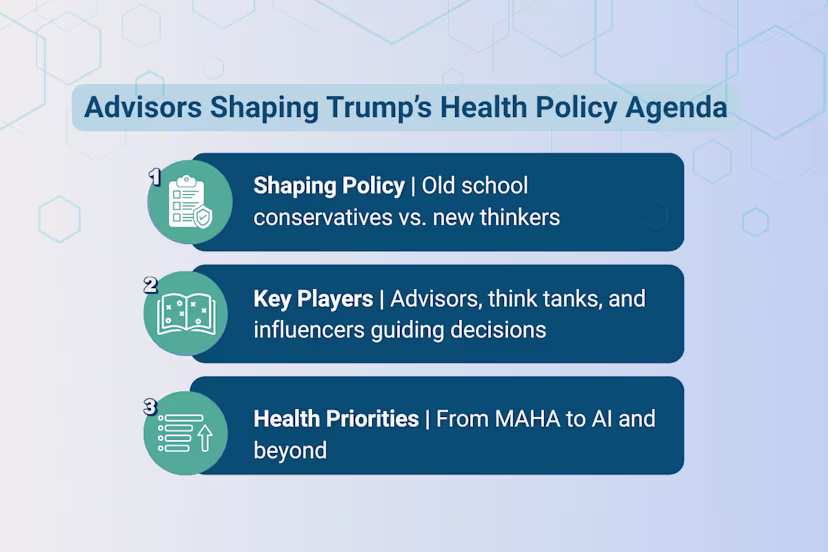 Graphic highlighting Trump’s health policy agenda with three themes: shaping policy, key players, and health priorities.