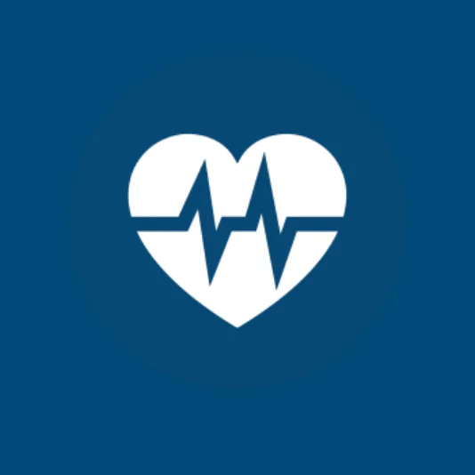 White heart symbol with a dark blue EKG heartbeat line across its center, enclosed in a solid dark blue circle. Commonly used to represent health, wellness, or cardiology.