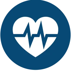 White heart symbol with a dark blue EKG heartbeat line across its center, enclosed in a solid dark blue circle. Commonly used to represent health, wellness, or cardiology.