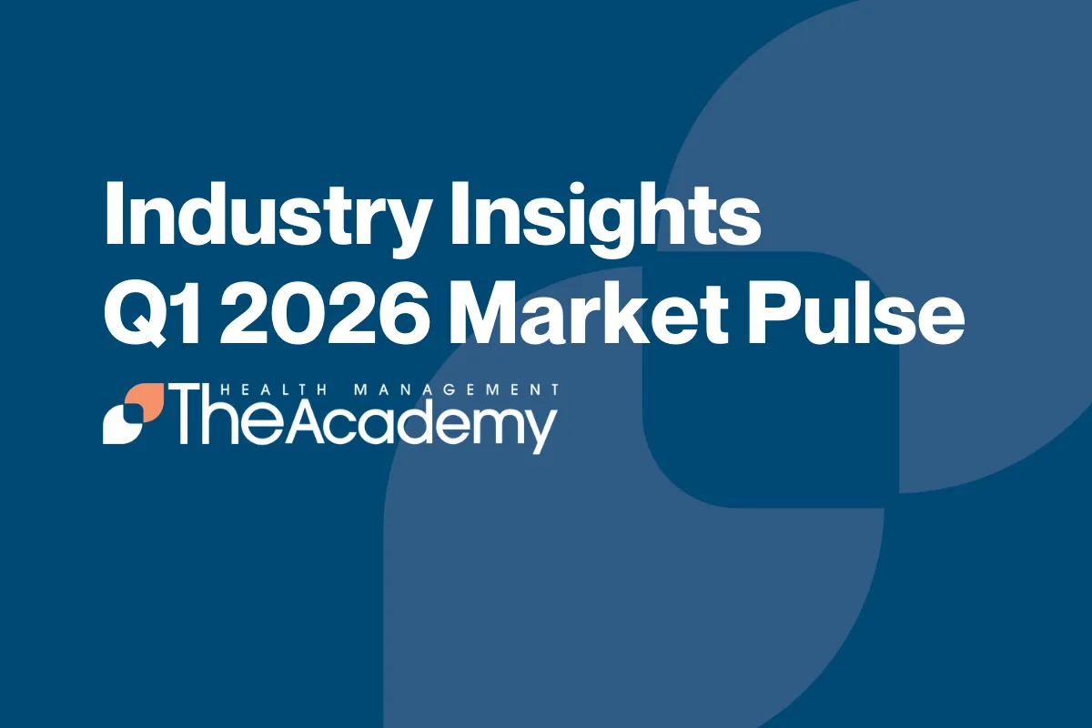 Graphic titled “Industry Insights Q1 2026 Market Pulse” featuring The Health Management Academy logo on a blue background.