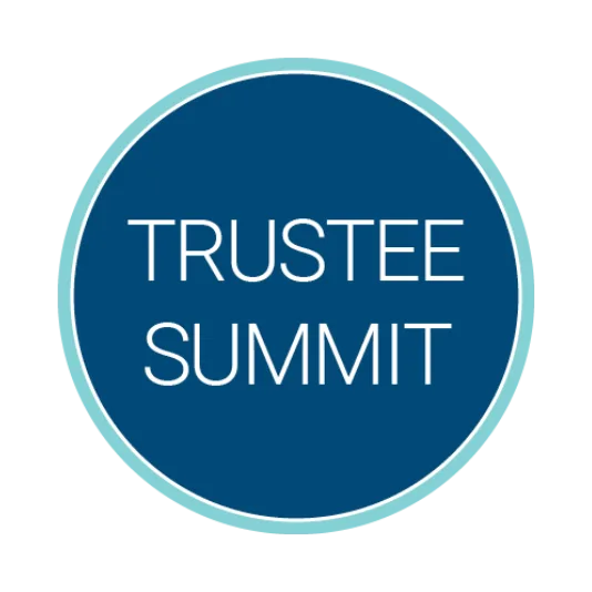 Circular blue logo with a light teal border containing the white title “Trustee Summit” centered inside.