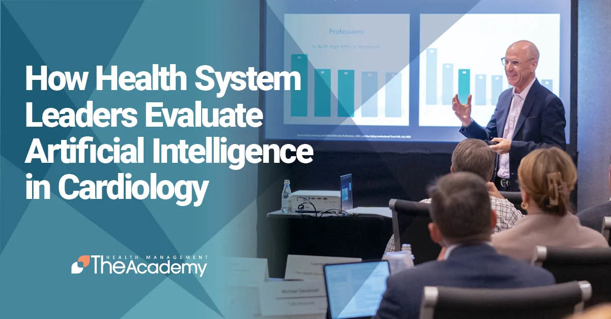 Executive presenting data to health system leaders on how to evaluate artificial intelligence in cardiology, by Health Management The Academy.
