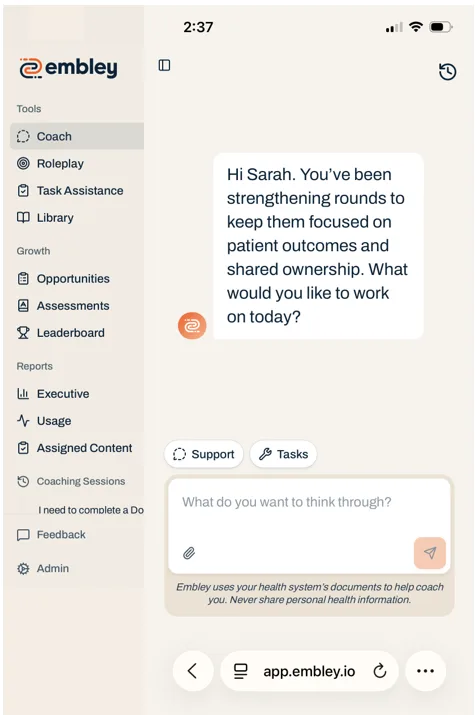 Mobile coaching app interface showing conversation with Sarah about patient outcomes and shared ownership