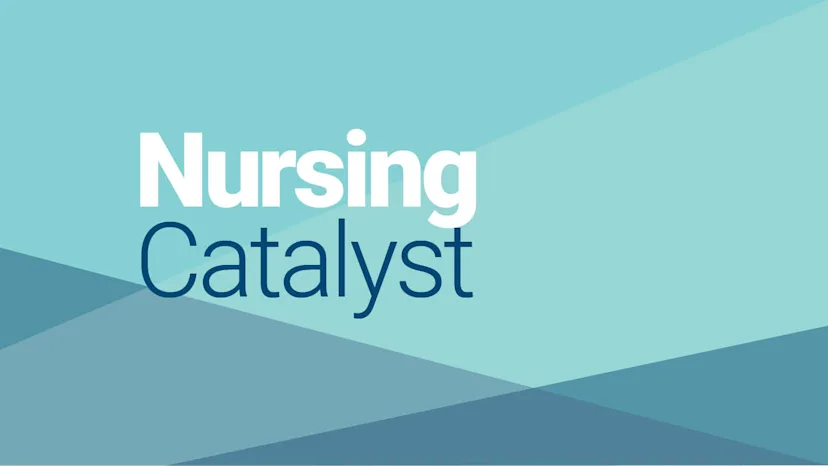 Nursing Catalyst logo displayed in bold white and navy text against a light blue and teal geometric background.

