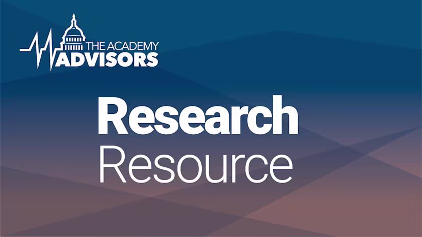 Graphic titled “Research Resource” featuring The Academy Advisors logo with a stylized capitol dome and heartbeat line, set against a blue and brown geometric gradient background.